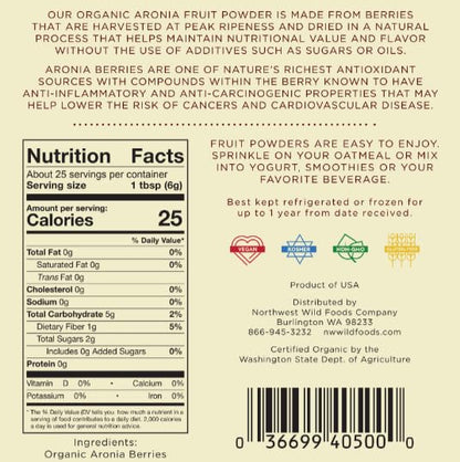 Organic Aronia Fruit Powder - Northwest Wild Foods - Sweet Antioxidant Healthy Pure Dried Fruit Natural Hand Harvested - in Smoothies, Oatmeal, Dessert (1 Pound)