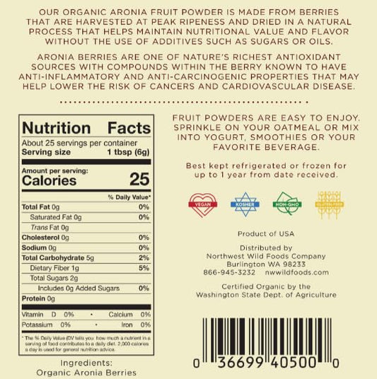 Organic Aronia Fruit Powder - Northwest Wild Foods - Sweet Antioxidant Healthy Pure Dried Fruit Natural Hand Harvested - in Smoothies, Oatmeal, Dessert (1 Pound)