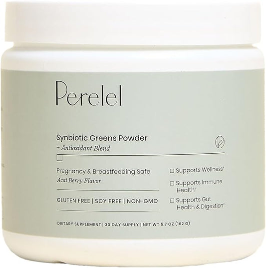 Perelel Synbiotic Greens Powder, Superfood Blend with Fruits, Vegetables, Probiotics, Fiber, Spirulina & Chlorella, Daily Greens Supplement, Soy & Gluten Free, Non GMO, Acai Berry Flavor, 30 Servings