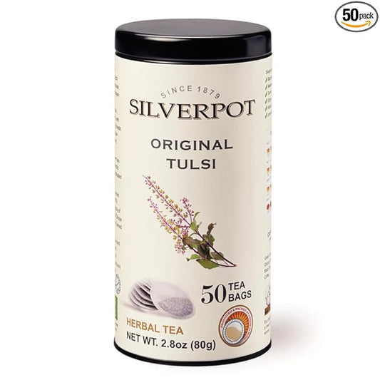 Silverpot Original Tulsi Tea - 50 Round Tea Bags | 100% Natural Holy Basil | Caffeine Free | Farm Direct | Reusable Tin