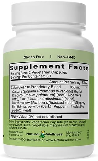 Natural Wellness Colon Cleanse – Gentle Detox with 7 Plant-Based Herbs – Supports Digestion & Regularity – Gluten Free, Vegetarian Capsules – 60 Count