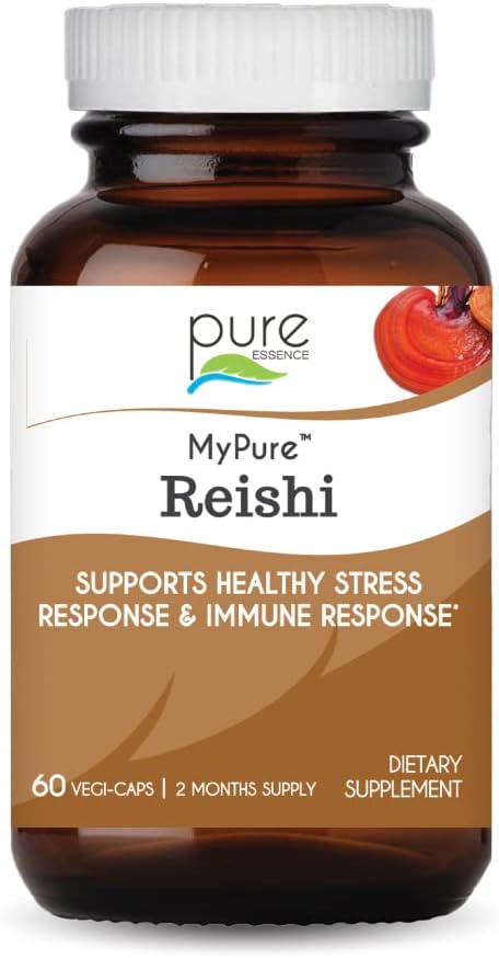 PURE ESSENCE LABS MyPure Reishi Organic Mushrooms Supplement - 100% Real Mushroom Extract for Immune Support, Stress Relief, Build Energy (60 Capsules)