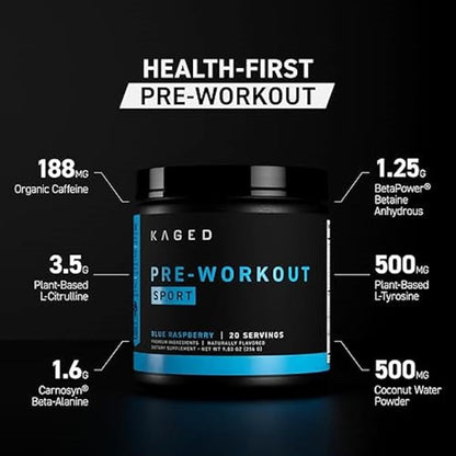 Kaged Sport Pre Workout Powder for Men & Women, Glacier Grape, Sport Certified, 188mg Caffeine, Nitric Oxide Supplement, Beta Alanine for Energy, Weightlifting, Cardio Endurance, Strength, 20 Servings