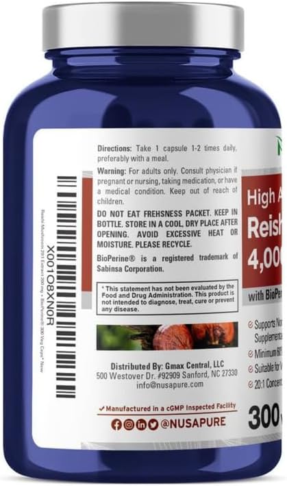 NusaPure Reishi Mushroom Extract 20:1 Extract, 200 mg Equivalent to 4000mg per Capsule 300 Veggie Caps Vegan, Non-GMO, Gluten-Free