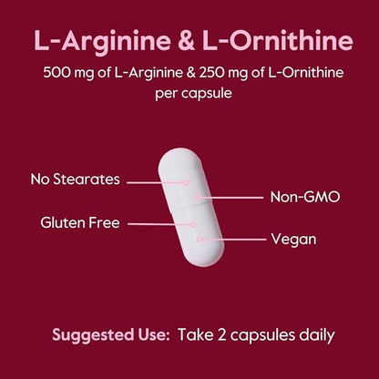 BESTVITE L-Arginine L-Ornithine 500-250 (120 Vegetarian Capsules) - No Stearates - No Fillers - Vegan - Non GMO - Gluten Free - No Calcium Silicate