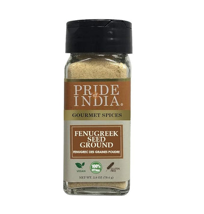 Pride of India – Fenugreek Seed Ground – Gourmet Indian Spice – Vegan, Gluten & GMO-Free – Ideal for Cooking & Meat Seasoning – Easy to Use – 2.8 oz. Small Dual Sifter Jar