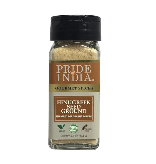 Pride of India – Fenugreek Seed Ground – Gourmet Indian Spice – Vegan, Gluten & GMO-Free – Ideal for Cooking & Meat Seasoning – Easy to Use – 2.8 oz. Small Dual Sifter Jar