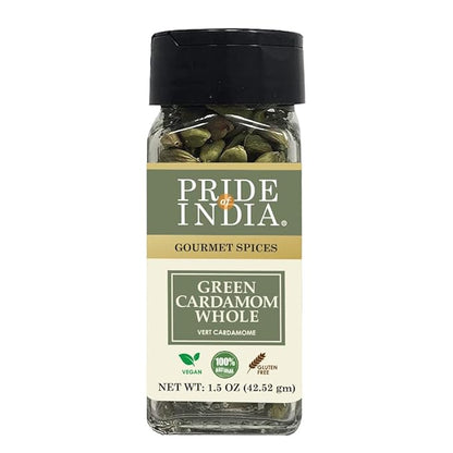 Pride of India | Green Cardamom Whole 1.5 oz (43 gm) Small Dual Sifter Bottle | Gourmet & Aromatic Spice | Flavoring agent for bakes/teas/drinks | Full Bodied Green Pods