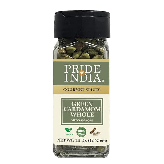 Pride of India | Green Cardamom Whole 1.5 oz (43 gm) Small Dual Sifter Bottle | Gourmet & Aromatic Spice | Flavoring agent for bakes/teas/drinks | Full Bodied Green Pods