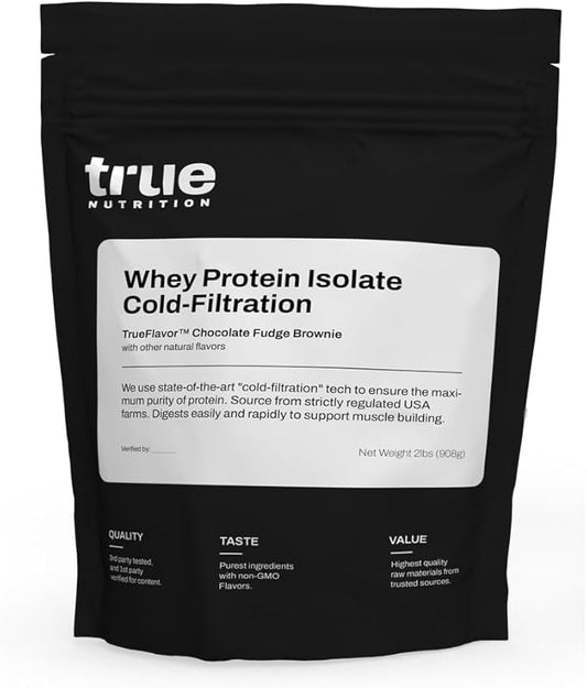 True Nutrition Whey Protein Isolate Cold-Filtration - 100% Whey Protein Powder - 27g Protein per Serving - Mixes Easily and Tastes Great - Third Party Tested - Chocolate Fudge Brownie - 2lb