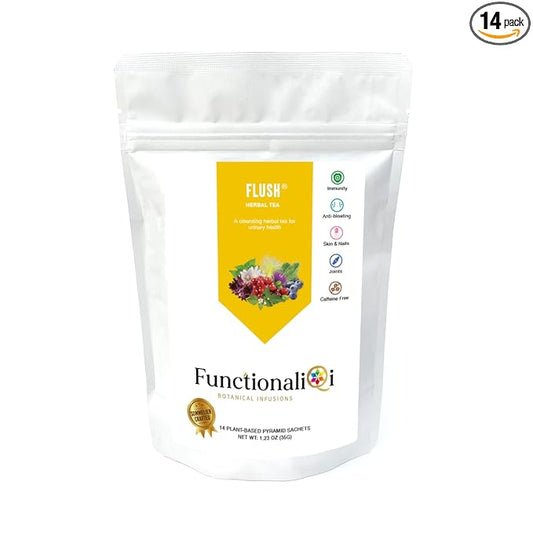 FunctionaliQi Flush Herbal Tea for Urinary Health - Marshmallow Root Milk Thistle Cornsilk and Goldenseal, Hibiscus Blend with Nettles, Cleansing Herbs and Cranberries (14 tea bags)