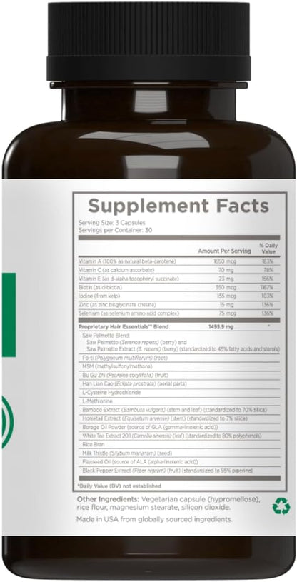 Natural Wellbeing Hair Essentials - Supports Healthy Hair with Saw Palmetto (for DHT), Biotin, Bamboo Silica - Natural Supplement for Women and Men. 90 Veg Caps (1-Month Supply)