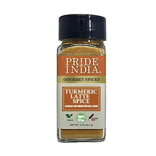 Pride of India – Turmeric Latte Spice Mix – Gourmet & Warm Tea Spice Blend – Healthy/Gluten-Free – Ideal for Lattes/Smoothies/Golden Milk – Easy to Use – 2 oz. Small Dual Sifter Bottle