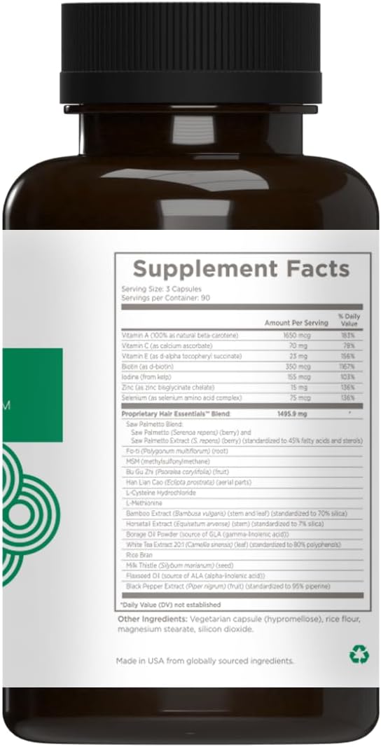 Natural Wellbeing Hair Essentials - Supports Healthy Hair with Saw Palmetto (for DHT), Biotin, Bamboo Silica - Natural Supplement for Women and Men. 270 Veg Caps (3-Month Supply)