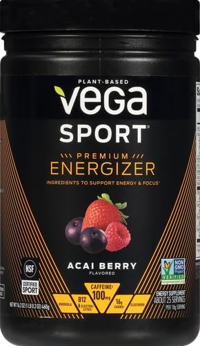 Vega Sport Energizer, Acai Berry, Pre Workout Powder for Women and Men, Supports Energy and Focus, Electrolytes, Vegan, Keto, Gluten Free, Dairy Free, Non GMO (25 Servings) , 1.01 Pound (Pack of 1)