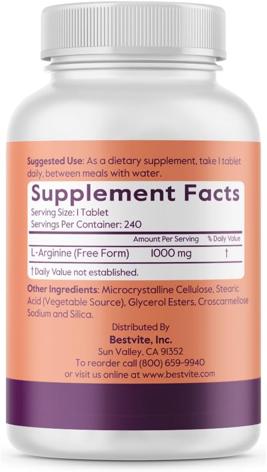 BESTVITE L-Arginine 1000mg per Tablet (480 Tablets) (240 x 2) – Pharmaceutical Grade – Contains 20% More Pure Arginine Compared to Arginine HCl – Nitric Oxide Precursor*