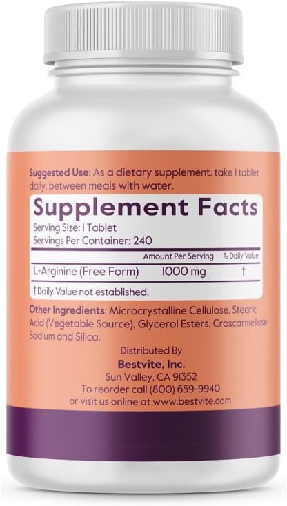 BESTVITE L-Arginine 1000mg per Tablet (480 Tablets) (240 x 2) – Pharmaceutical Grade – Contains 20% More Pure Arginine Compared to Arginine HCl – Nitric Oxide Precursor*