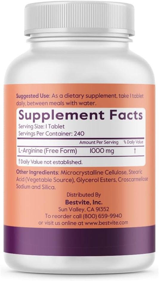 BESTVITE L-Arginine 1000mg per Tablet (240 Tablets) – Pharmaceutical Grade – Contains 20% More Pure Arginine Compared to Arginine HCl – Nitric Oxide Precursor*