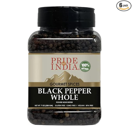 Pride of India - PACK of 6 - Black Peppercorn Whole – Gourmet & Culinary Spice – Full Bodied, Dried & Flavorful – Preservatives & Gluten Free – 7 oz. Medium Dual Sifter Jar