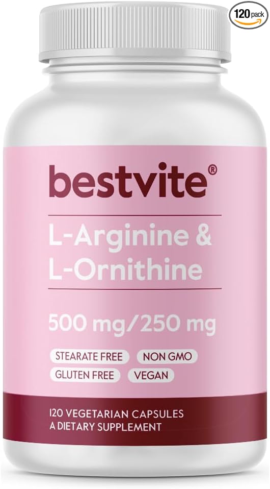 BESTVITE L-Arginine L-Ornithine 500-250 (120 Vegetarian Capsules) - No Stearates - No Fillers - Vegan - Non GMO - Gluten Free - No Calcium Silicate