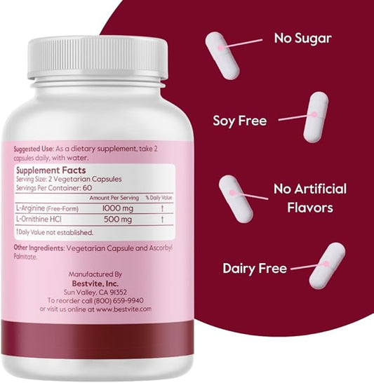 BESTVITE L-Arginine L-Ornithine 500-250 (120 Vegetarian Capsules) - No Stearates - No Fillers - Vegan - Non GMO - Gluten Free - No Calcium Silicate