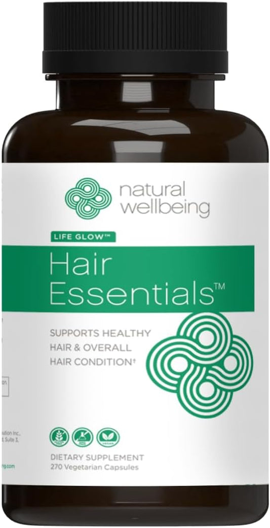 Natural Wellbeing Hair Essentials - Supports Healthy Hair with Saw Palmetto (for DHT), Biotin, Bamboo Silica - Natural Supplement for Women and Men. 270 Veg Caps (3-Month Supply)