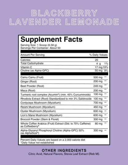 Roots Focus Nootropic Brain Supplement - BlackBerry Lavender Lemonade, Blend of Lion's Mane, Cordyceps, & Reishi Functional Mushrooms + Extended-Release Caffeine, 50 Servings
