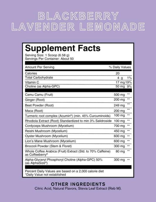 Roots Focus Nootropic Brain Supplement - BlackBerry Lavender Lemonade, Blend of Lion's Mane, Cordyceps, & Reishi Functional Mushrooms + Extended-Release Caffeine, 50 Servings