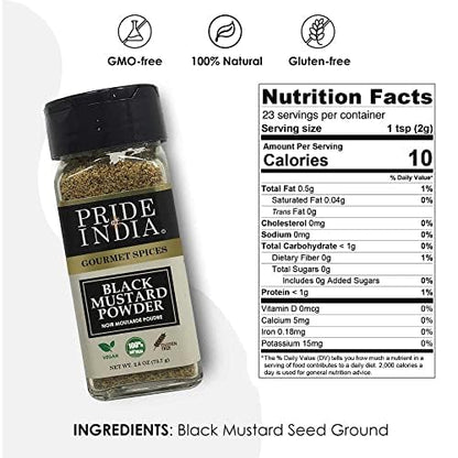 Pride of India – Black Mustard Seed Ground – Perfect Ingredient in Spice Blends – Spice up Pickles/Curries/Stews – Additives Free/Gourmet Spice – Easy to Use – 2.6 oz. Small Dual Sifter Bottle
