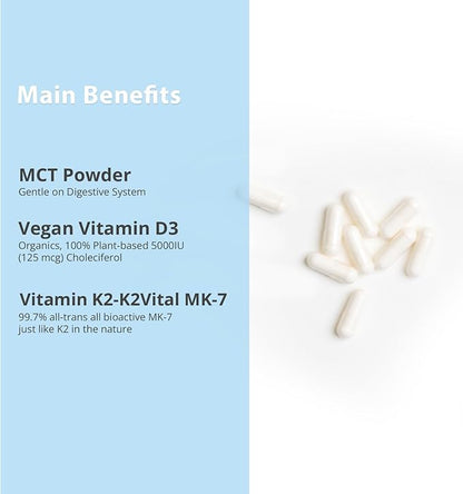 Vitamin D3 K2 with MCT, 5000 IU Vegan D3 & 100 mcg MK7 K2, Support Strong Bones and Immune Health - 30 Capsules (30 Days Supply)