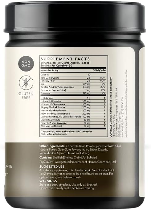 TERRA ORIGIN Healthy Gut Chocolate | 30-Servings with L-Glutamine, Zinc, Glucosamine, Slippery Elm Bark, Marshmallow Root and More!