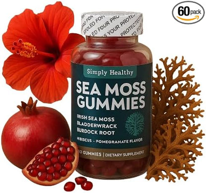 Premium Sea Moss Gummies, Irish Sea Moss Supplement with Bladderwrack and Burdock Root, Vegan Support Detox Gummies, Plant-Based Wellness, for Gut Health, Superfood 60ct