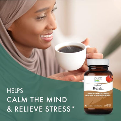 PURE ESSENCE LABS MyPure Reishi Organic Mushrooms Supplement - 100% Real Mushroom Extract for Immune Support, Stress Relief, Build Energy (60 Capsules)