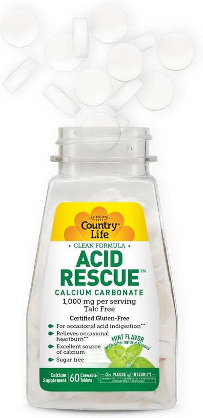 Country Life Acid Rescue Chewable Tablets - Certified Vegan & Gluten-Free Heartburn Relief, 400mg Calcium & Magnesium, Non-GMO, Sugar-Free Mint Flavor, Supports Bone Health, 60 Count