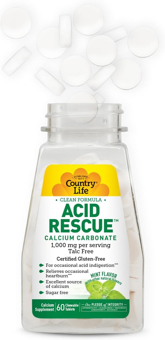 Country Life Acid Rescue Chewable Tablets - Certified Vegan & Gluten-Free Heartburn Relief, 400mg Calcium & Magnesium, Non-GMO, Sugar-Free Mint Flavor, Supports Bone Health, 60 Count