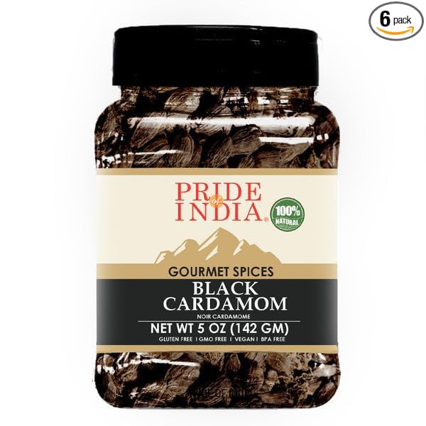 Pride of India - PACK of 6 - Black Cardamom Whole 5 oz (142 gm) – Cardamom Pods – Firm & Smoky Flavor – Freshly Dried – Ideal for Indian & Asian Cooking – Easy to Use – Medium Dual Sifter Bottle