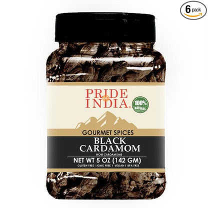 Pride of India - PACK of 6 - Black Cardamom Whole 5 oz (142 gm) – Cardamom Pods – Firm & Smoky Flavor – Freshly Dried – Ideal for Indian & Asian Cooking – Easy to Use – Medium Dual Sifter Bottle