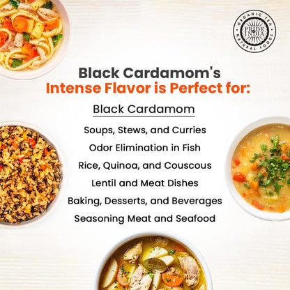 Pride of India - PACK of 6 - Black Cardamom Whole 5 oz (142 gm) – Cardamom Pods – Firm & Smoky Flavor – Freshly Dried – Ideal for Indian & Asian Cooking – Easy to Use – Medium Dual Sifter Bottle
