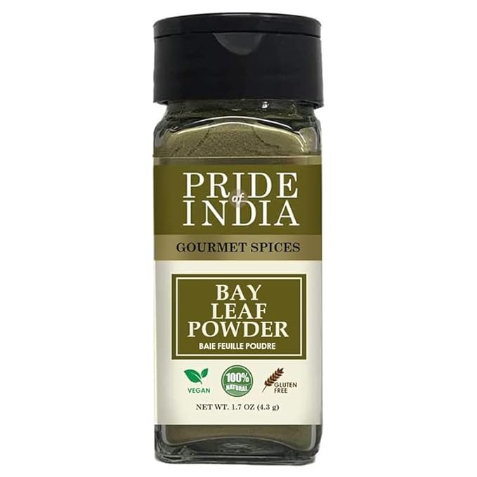 Pride of India – Bay Leaf Powder – Fresh & Authentic Bay Leaf Ground – Gourmet Spice – Good for Seasoning Stews/Soups/Tea – Easy to Use – 1.7 oz. Small Dual Sifter Jar