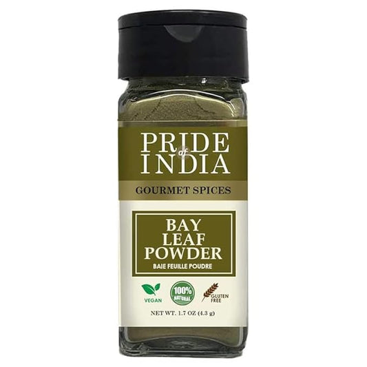 Pride of India – Bay Leaf Powder – Fresh & Authentic Bay Leaf Ground – Gourmet Spice – Good for Seasoning Stews/Soups/Tea – Easy to Use – 1.7 oz. Small Dual Sifter Jar