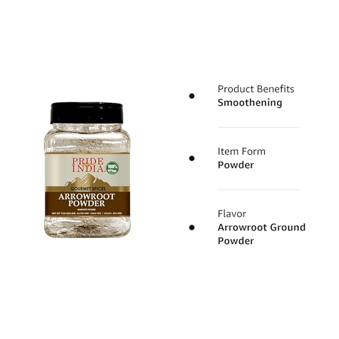 Pride of India – Natural Arrowroot Ground Powder – Baking & Thickening Agent – Gluten & GMO Free – Good for Sauces, Fritters & Fries – Easy to Use – 7 oz. Medium Dual Sifter Jar