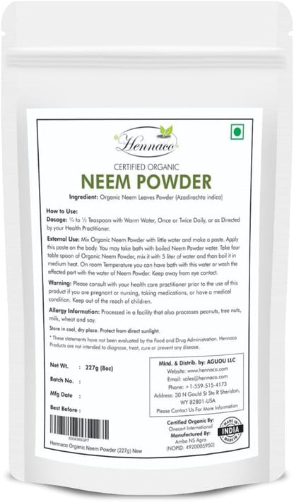 Organic Neem Powder| Ayurvedic Herb for Skin and Hair | Resealable Zip Lock Pouch | USDA Organic| Pure & Natural Neem Powder for Drinking| Dried Neem Leaves Powder| 227 Grams (8 OZ)