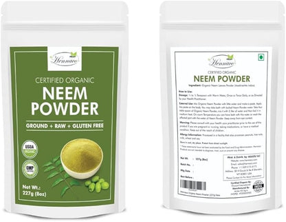 Organic Neem Powder| Ayurvedic Herb for Skin and Hair | Resealable Zip Lock Pouch | USDA Organic| Pure & Natural Neem Powder for Drinking| Dried Neem Leaves Powder| 227 Grams (8 OZ)