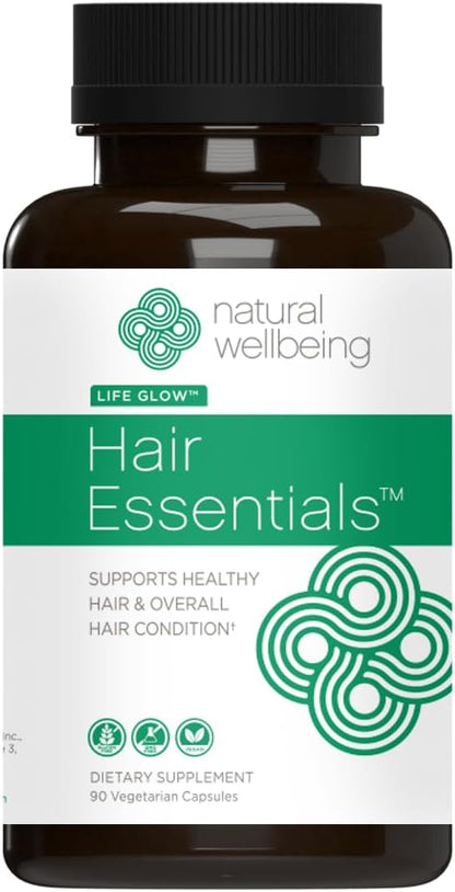 Natural Wellbeing Hair Essentials - Supports Healthy Hair with Saw Palmetto (for DHT), Biotin, Bamboo Silica - Natural Supplement for Women and Men. 90 Veg Caps (1-Month Supply)