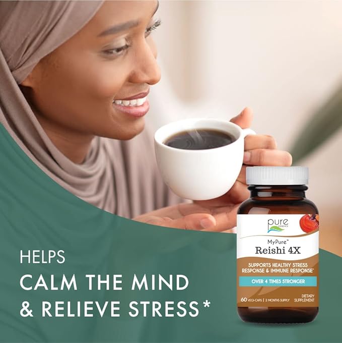 PURE ESSENCE LABS MyPure Reishi 4X Organic Mushrooms Supplement - 100% Real Mushroom Extract for Immune Support, Stress Relief, Build Energy (60 Capsules)