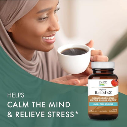 PURE ESSENCE LABS MyPure Reishi 4X Organic Mushrooms Supplement - 100% Real Mushroom Extract for Immune Support, Stress Relief, Build Energy (60 Capsules)