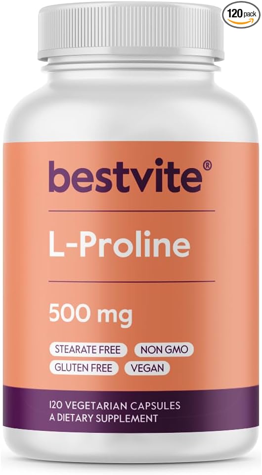 BESTVITE L-Proline 500mg (120 Vegetarian Capsules) - No Stearates - No Fillers - Vegan - Gluten Free - Non GMO