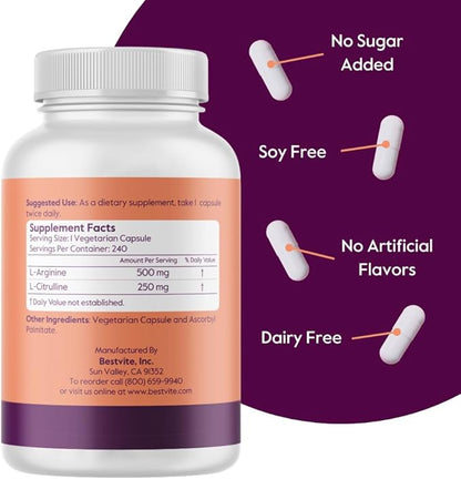 BESTVITE L-Arginine L-Citrulline 500mg / 250mg Vegan (240 Vegetarian Capsules) - No Stearates - No Dicalcium Phosphate - Non GMO - Gluten Free