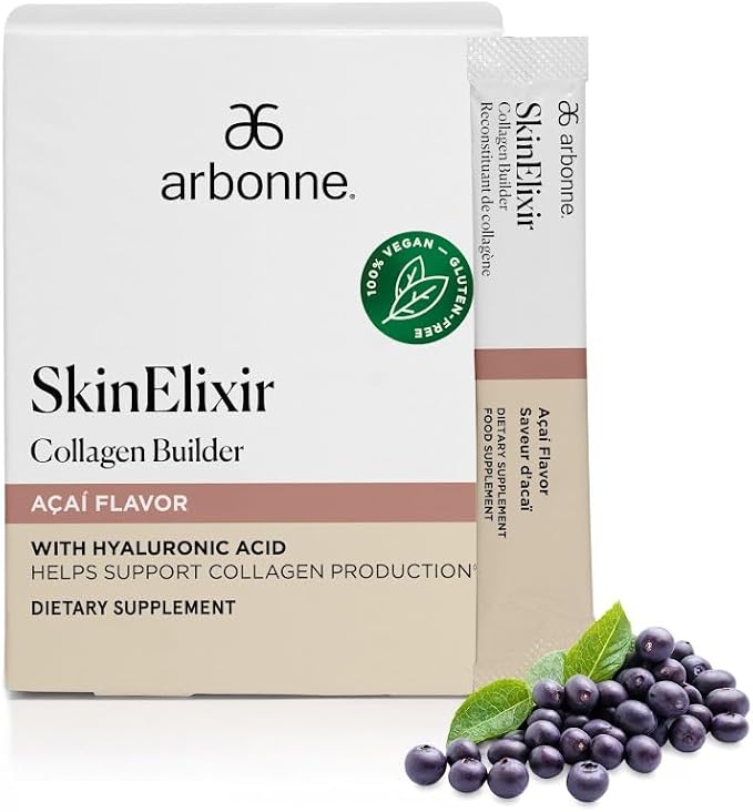 Arbonne SkinElixir Collagen Powder Builder - Açaí-Flavored Vegan Supplement for Women with Hyaluronic Acid, Vitamin C, Biotin & Antioxidants - Supports Healthy Skin, Hair & Nails - 30 Stick Packs
