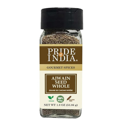 Pride of India – Ajwain Seed Whole – Gourmet Carom Seeds – Flavoring agent for Savory Dishes – Aromatic & Nutrient-Dense – Easy to Use – 2.1 oz. Dual Sifter Bottle